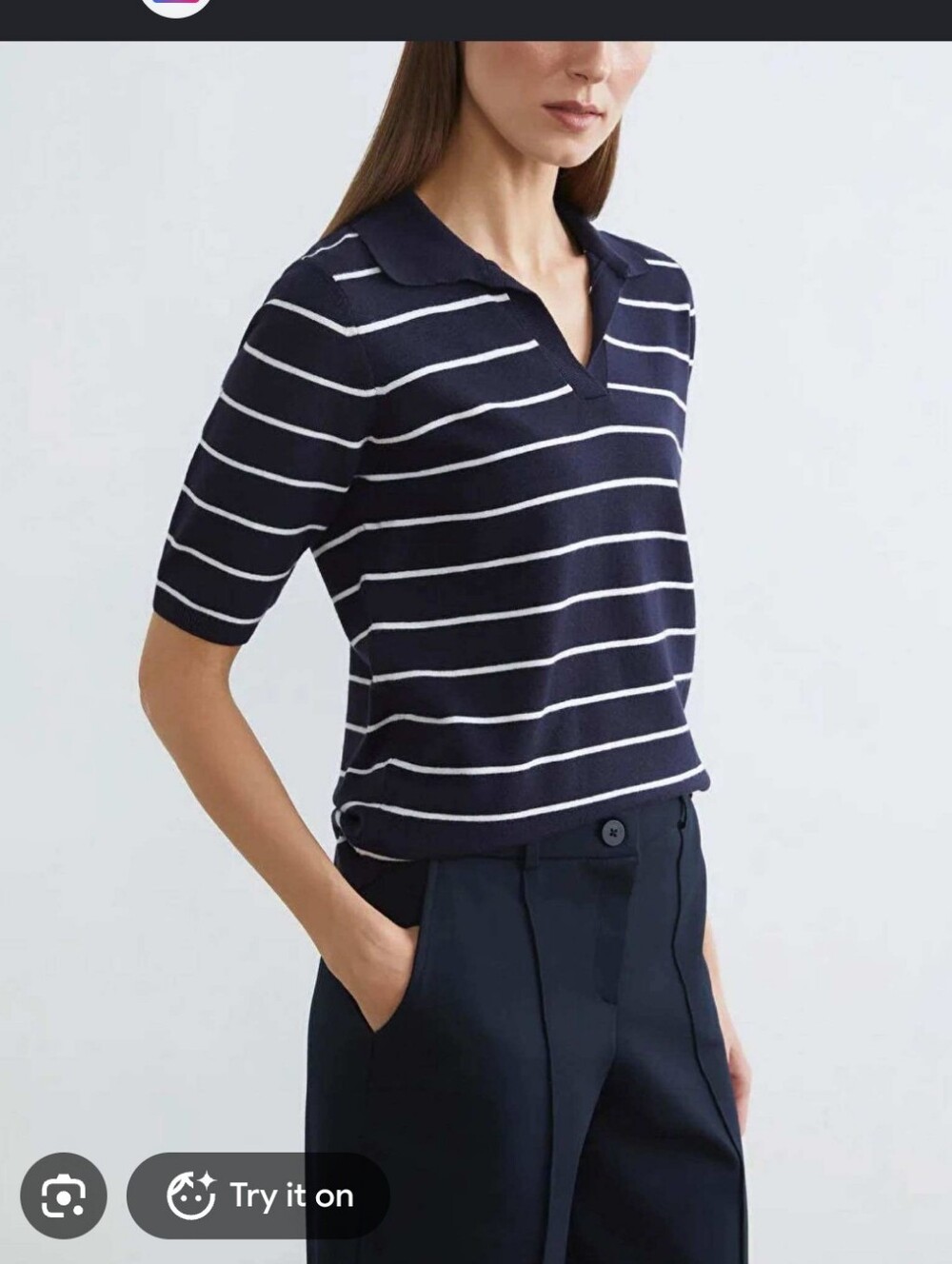 LOFT Navy and White Striped Knit Polo Top Size XS